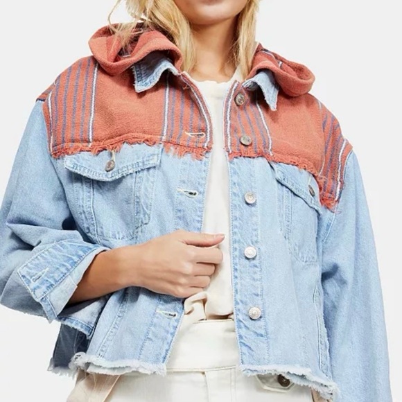 Free People Hooded Baja Jacket Denim and Rust - Picture 2 of 5
